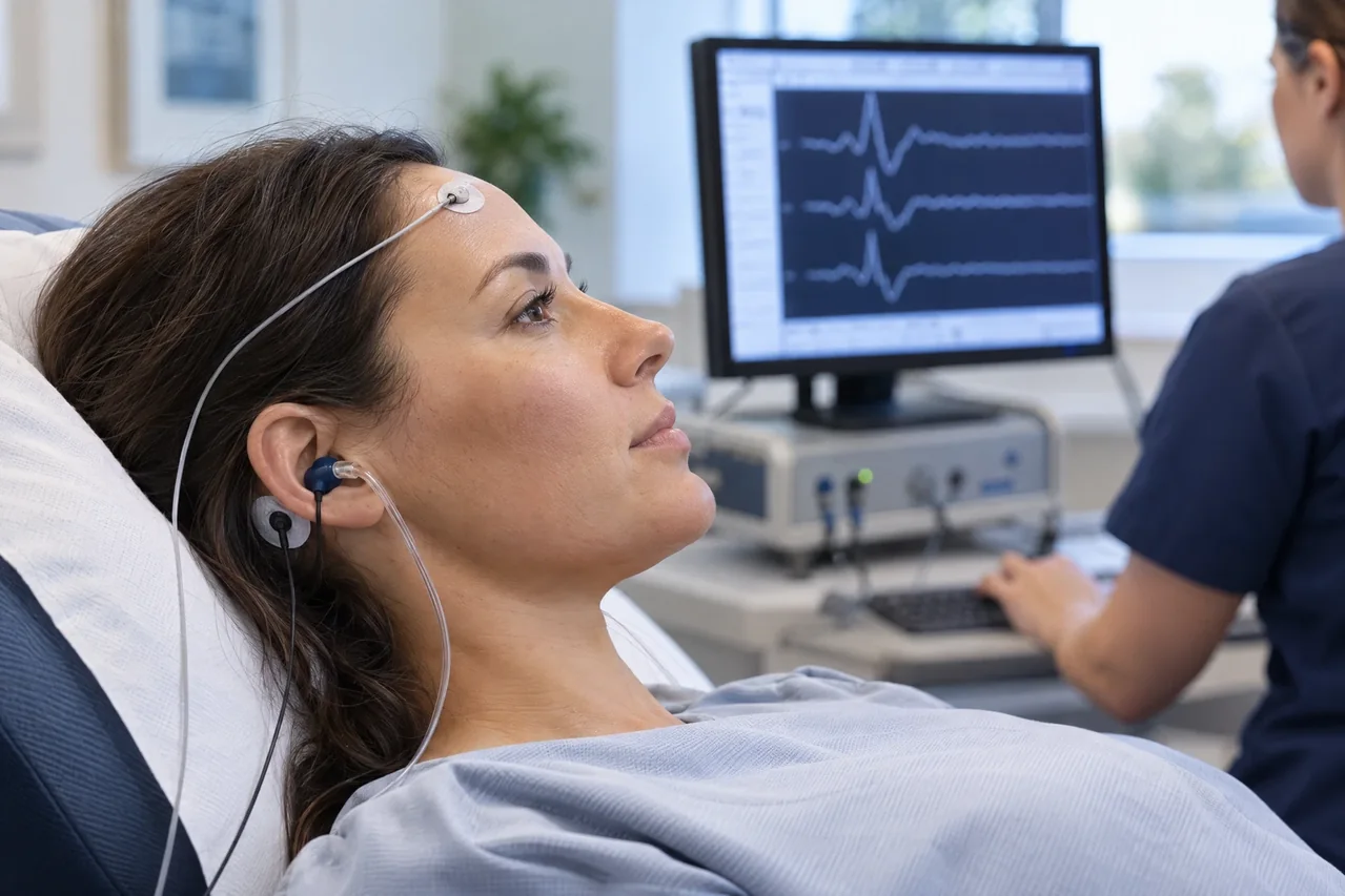 Illustrative auditory brainstem response acquisition using an insert earphone and forehead and mastoid surface electrodes.