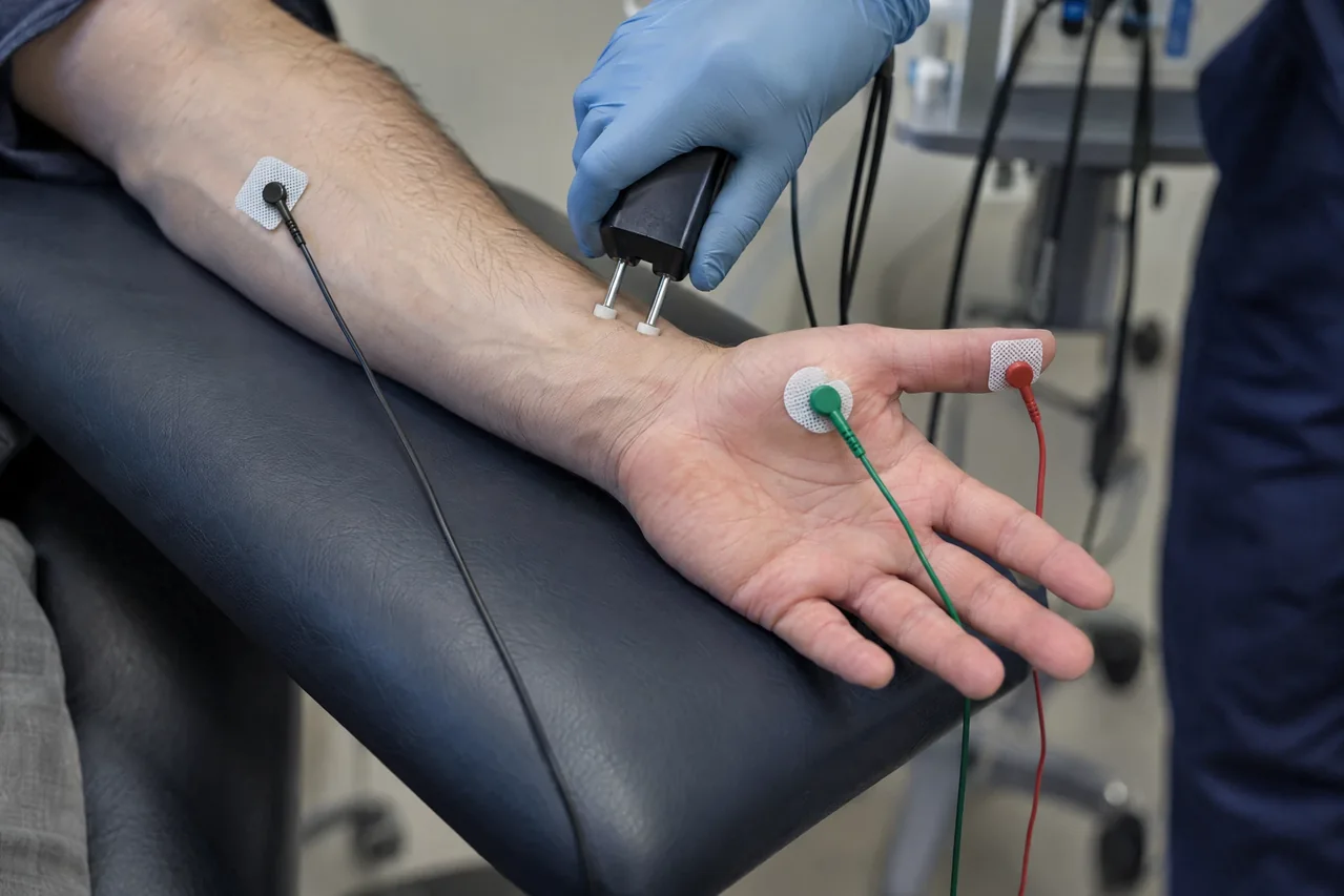 Illustrative median motor nerve conduction setup with thenar recording electrode, thumb reference, forearm ground and wrist stimulation.