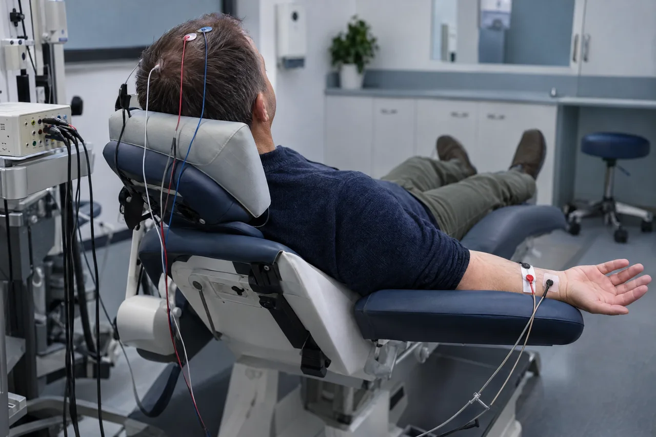 Illustrative somatosensory evoked potential setup with wrist stimulation and separate scalp recording electrodes.