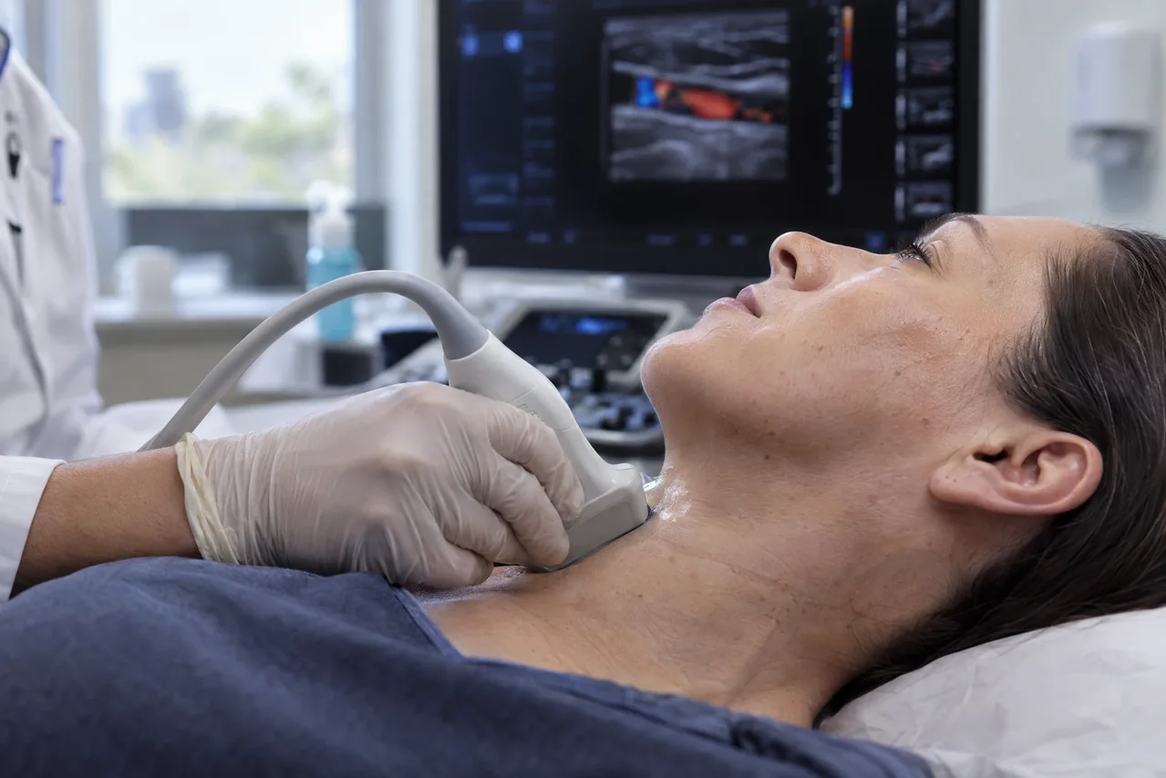 Illustrative carotid ultrasound setup with a linear transducer for planned future neurovascular capabilities.