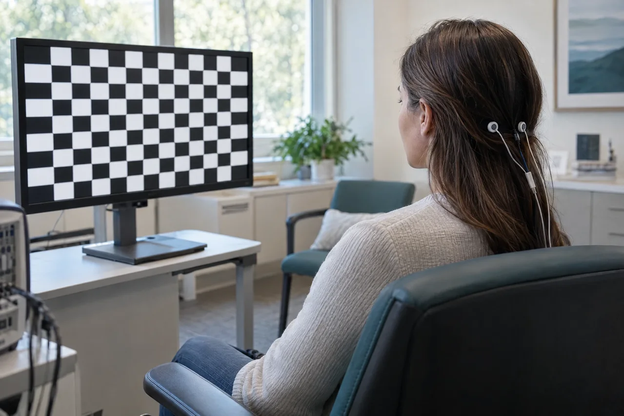 Illustrative visual evoked potential acquisition with checkerboard-pattern stimulation and occipital recording leads.